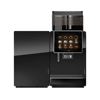 Modern black Franke A1000 coffee machine with touchscreen interface and dual bean containers